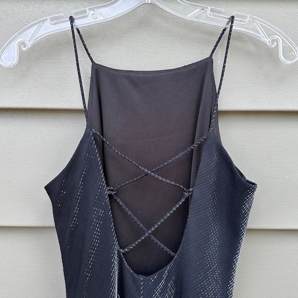 Black Metallic High Neck Gown with Criss Cross Open Back - Picture 3 of 16